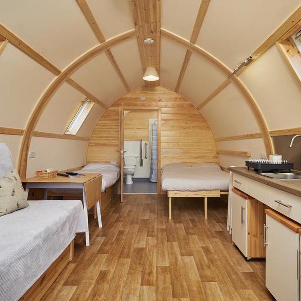 Inside a dog-friendly glamping cabin at Wigwam Holidays Ball Hall Farm at Storwood in East Yorkshire