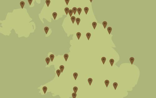 A map of the united kingdom with pins showing the 80+ wigwam locations